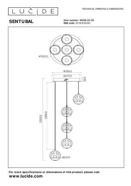 Lucide SENTUBAL - Suspension - Ø 35 cm - LED Dim. - 5x5,2W 2700K - Noir - technique